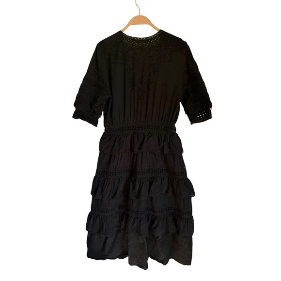 LoveShackFancy Edie Black Cotton Poplin Lace Button Front Midi Dress Tiered Sz M - Picture 4 of 7